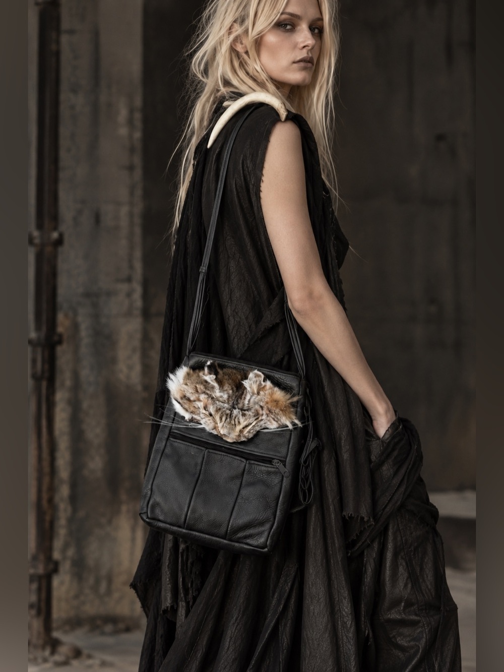 Genuine Leather & Fur Crossbody Bag Antler Avant Garde Western Gothic
